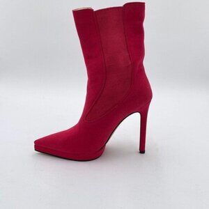 Red Suede Women's Platform Mid Calf Boots High Heel Pointed Toe Side Zipper Boot